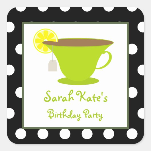 Groene Teacup Polka Dot Verjaardagsfeest Stickers (Voorkant)