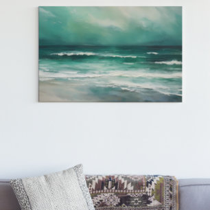 Groene Teal Moderne Strand Oceaan Schilderij Canvas Afdruk