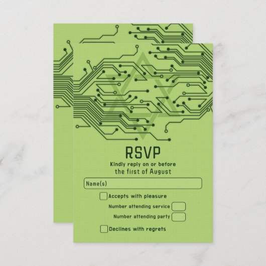 Groene Tech Computer Circuit Board Bar Mitzvah RSVP Kaartje (Voorkant / Achterkant)