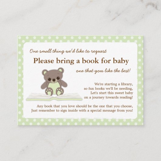 Groene Teddy Baby shower Boek Insert Verzoek Kaart (Voorkant)