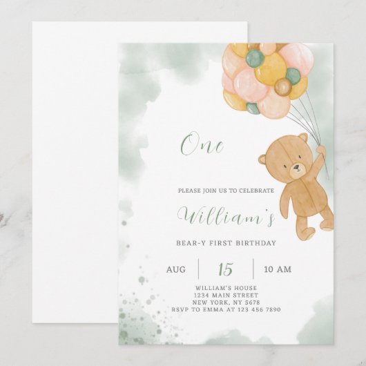 Groene Teddy Verjaardag Uitnodiging (Voorkant / Achterkant)