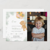 Groene Teddy Verjaardagsuitnodiging met foto Kaart (Voorkant / Achterkant)