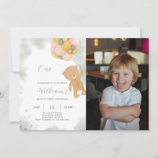 Groene Teddy Verjaardagsuitnodiging met foto Kaart