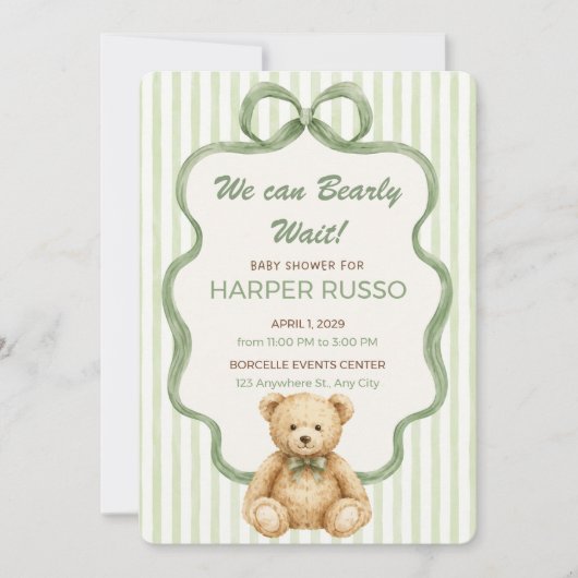 Groene teddybeer babyshower uitnodiging (Voorkant)
