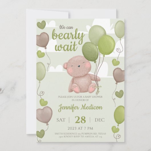 Groene teddybeer jongens babyshower uitnodiging (Voorkant)