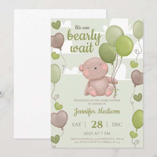 Groene teddybeer jongens babyshower uitnodiging (Voorkant / Achterkant)