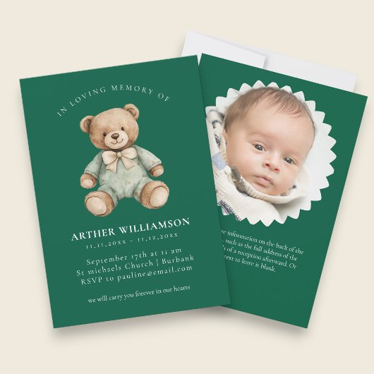 Groene teddybeer kindergedenkdienst  kaart