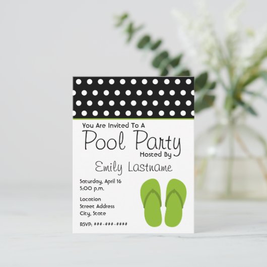 Groene Teenslippers / Polka Dots Pool Party Kaart (Staand voorkant)
