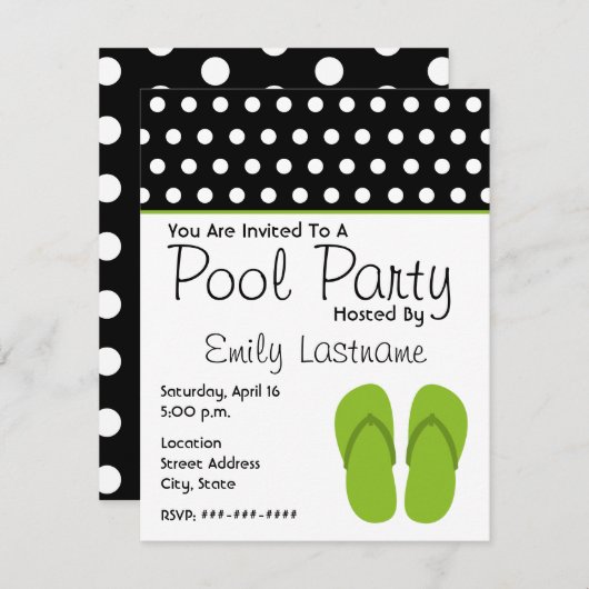 Groene Teenslippers / Polka Dots Pool Party Kaart (Voorkant / Achterkant)