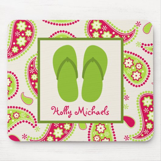 Groene Teenslippers / roze en groene paisley mouse Muismat (Voorkant)