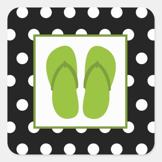 Groene Teenslippers / zwart met witte stippen Vierkante Sticker (Voorkant)