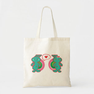 Groene tekenfilmjongen en -meisje met knuffelig st tote bag