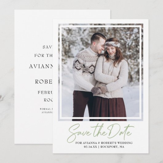 Groene tekst en foto van Sage Save The Date (Voorkant / Achterkant)