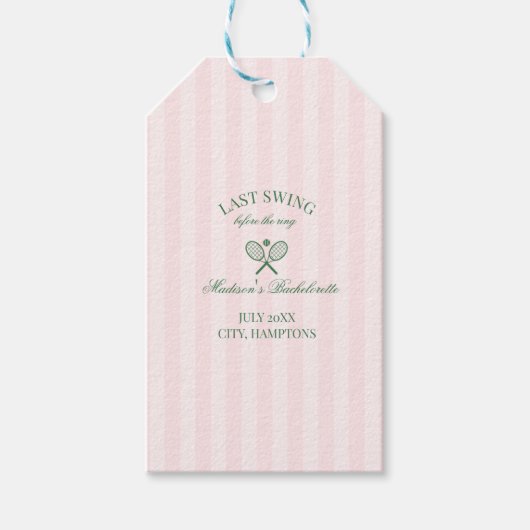 Groene tennisrackets roze gestreepte bruidsdouche  cadeaulabel (Voorkant)