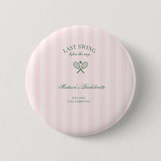 Groene tennisrackets roze gestreepte bruidsdouche ronde button 5,7 cm (Voorkant)