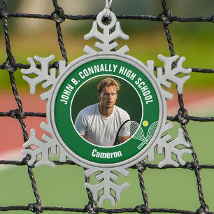 Groene tennisspeler foto middelbare school geest tin sneeuwvlok ornament