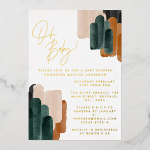 Groene terracotta abstracte waterverf baby shower folie uitnodiging