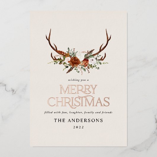Groene terracotta botanische elegante herten bloem folie feestdagenkaart (Voorkant)