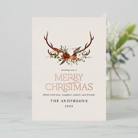 Groene terracotta botanische elegante herten bloem folie feestdagenkaart (Staand Voorkant)