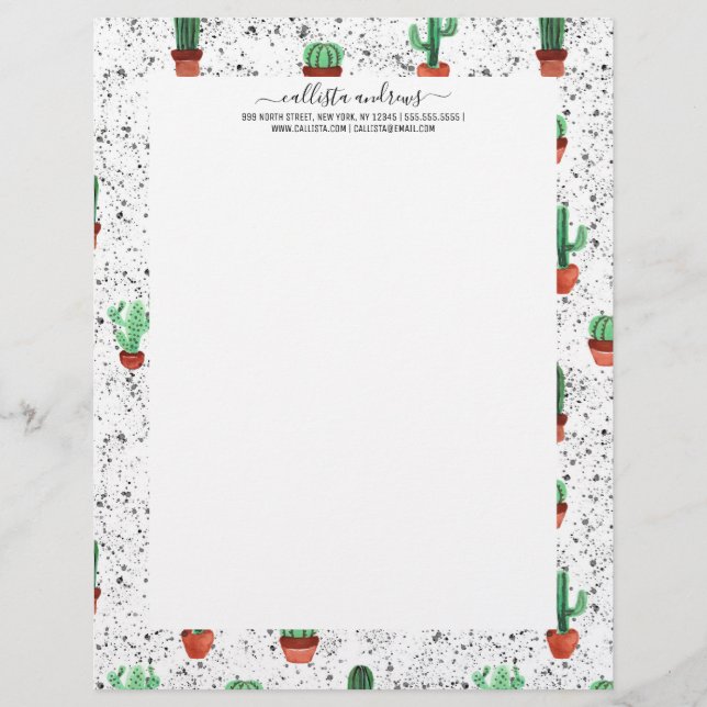 Groene Terracotta Cactus Pots Splatter Patroon Briefhoofd (Voorkant)