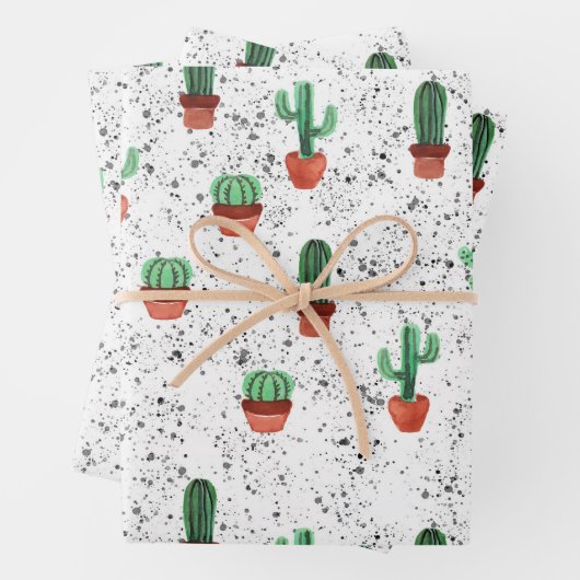 Groene Terracotta Cactus Pots Splatter Patroon Inpakpapier Vel (In situ)