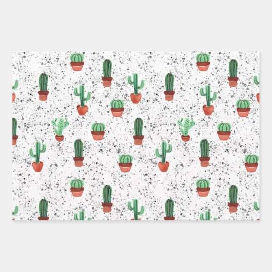 Groene Terracotta Cactus Pots Splatter Patroon Inpakpapier Vel (Voorkant)