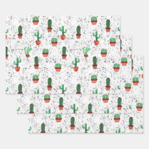Groene Terracotta Cactus Pots Splatter Patroon Inpakpapier Vel
