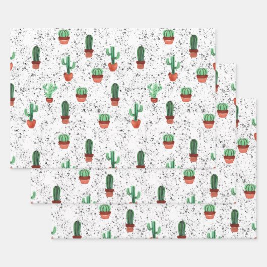 Groene Terracotta Cactus Pots Splatter Patroon Inpakpapier Vel (Set)