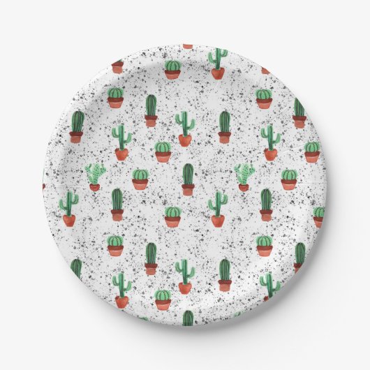 Groene Terracotta Cactus Pots Splatter Patroon Papieren Bordje (Voorkant)