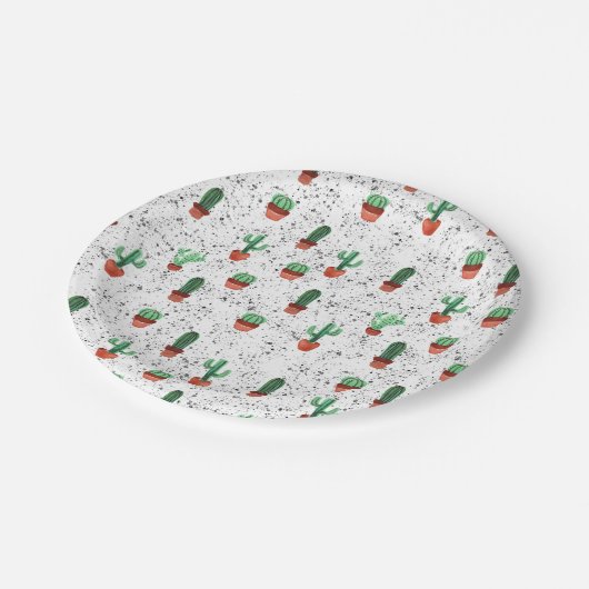 Groene Terracotta Cactus Pots Splatter Patroon Papieren Bordje (Gekanteld)