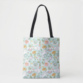Groene Thee & Boekerige Katten Cute Meisje Pastel Tote Bag