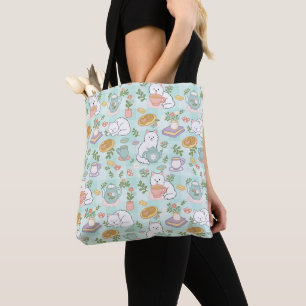 Groene Thee & Boekerige Katten Cute Meisje Pastel Tote Bag