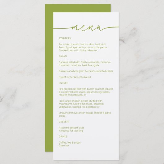Groene thee · Modern minimalistisch script bruilof Menu (Voorkant / Achterkant)