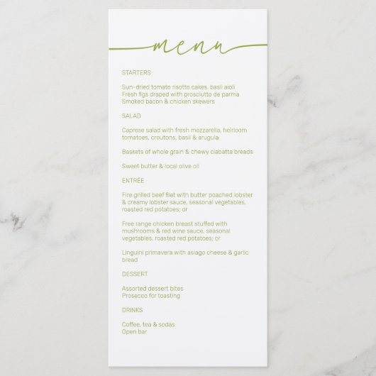 Groene thee · Modern minimalistisch script bruilof Menu (Voorkant)