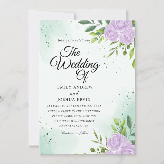groene thema ' s en paarse trouwuitnodigingen kaart (Voorkant)