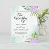 groene thema ' s en paarse trouwuitnodigingen kaart (Staand voorkant)