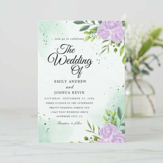 groene thema ' s en paarse trouwuitnodigingen kaart (Staand voorkant)
