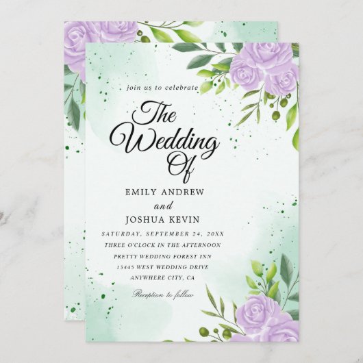groene thema ' s en paarse trouwuitnodigingen kaart (Voorkant / Achterkant)