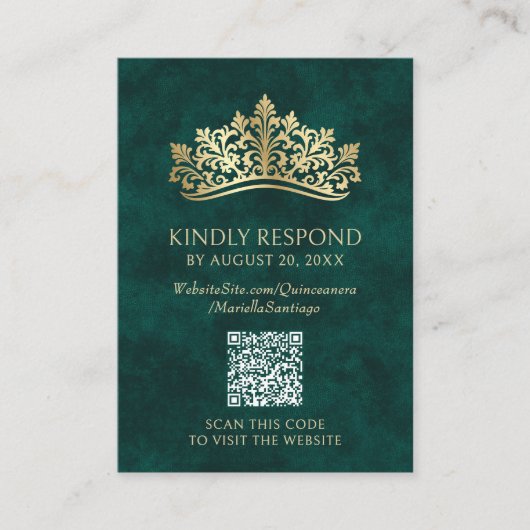 Groene Tiara kroon QR RSVP Quinceanera Informatiekaartje (Voorkant)