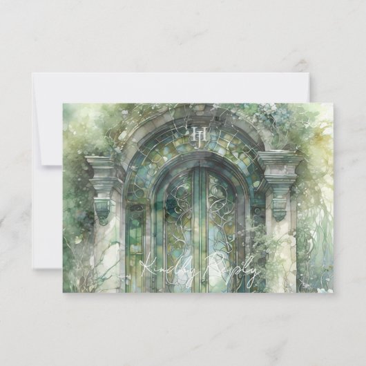 Groene tijdloze bruiloft met / zonder maaltijd RSV RSVP Kaartje (Achterkant)