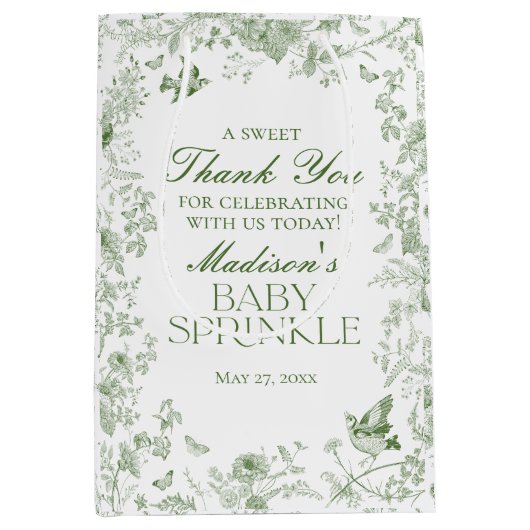 Groene Toile De Jouy Baby Sprinkle Favors Medium Cadeauzakje (Voorkant)