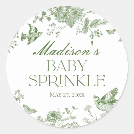 Groene Toile De Jouy  Bloemen Baby Sprinkle Ronde Sticker (Voorkant)