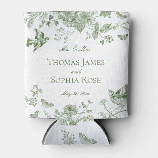 Groene Toile De Jouy  Bloemen Huwelijksgunsten Blikjeskoeler (Voorkant)