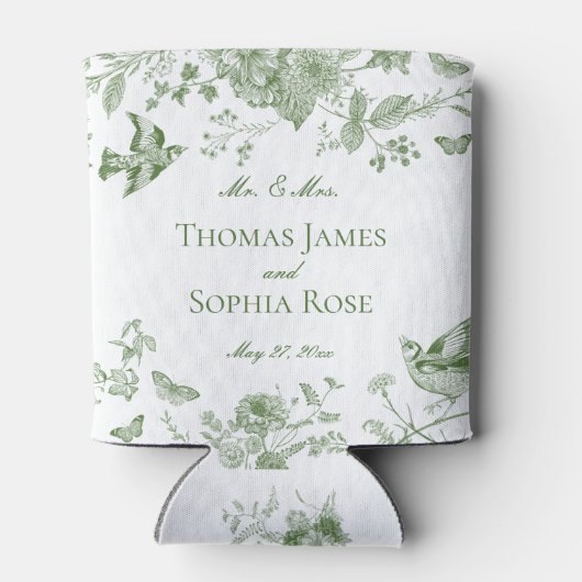 Groene Toile De Jouy Bloemen Huwelijksgunsten Blikjeskoeler (Achterkant)