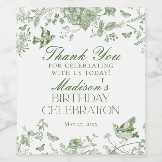 Groene Toile De Jouy Bloemen Verjaardagsfeest Favo Wijn Etiket (Enkel label)