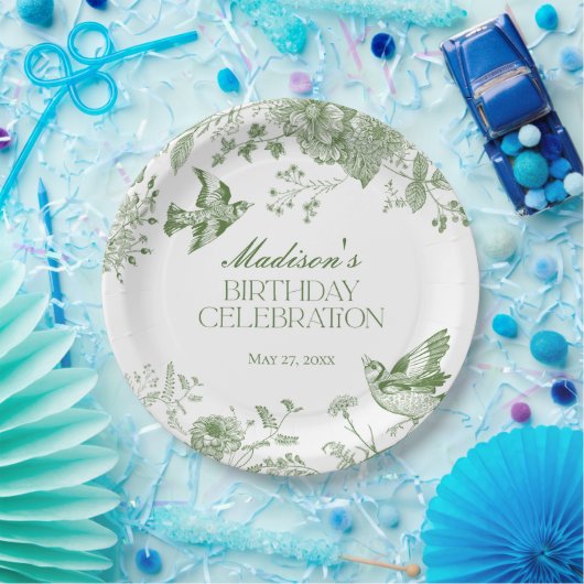 Groene Toile de Jouy  Bloemen Verjaardagsfeest Papieren Bordje (Feest)