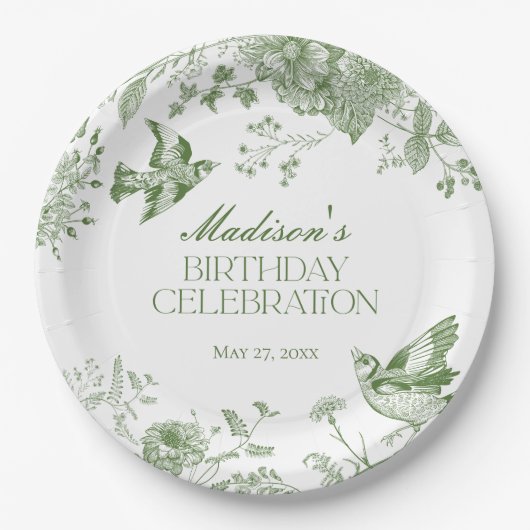 Groene Toile de Jouy Bloemen Verjaardagsfeest Papieren Bordje (Voorkant)