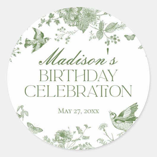 Groene Toile de Jouy  Bloemen Verjaardagsfeest Ronde Sticker (Voorkant)