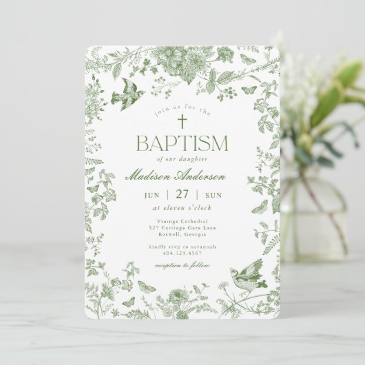 Groene Toile De Jouy  Bloemendoop Kaart (Staand voorkant)