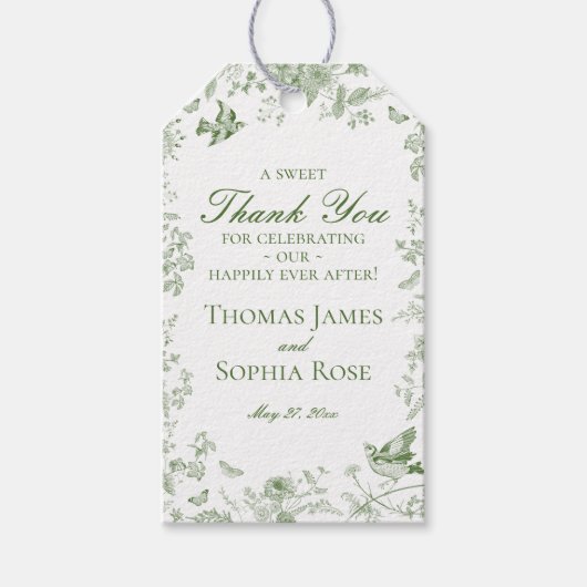 Groene Toile De Jouy Bloemstukken Bruiloftsfeest F Cadeaulabel (Voorkant)